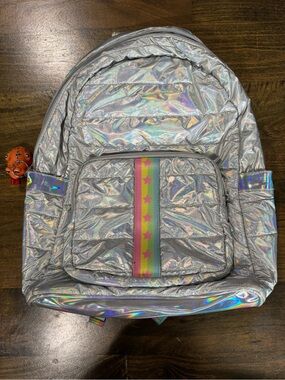 Top Trenz Kids Holographic Silver Backpack with Rainbow Star Stripe